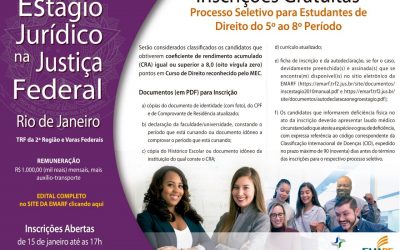 Emarf abre inscrições gratuitas, de 15 a 25 de janeiro, para vagas de estágio do curso de Direito no TRF2 e na SJRJ