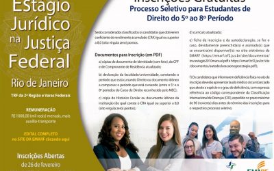 Emarf abre inscrições gratuitas, de 26/2 a 7/3, para vagas de estágio do curso de Direito no TRF2 e na SJRJ
